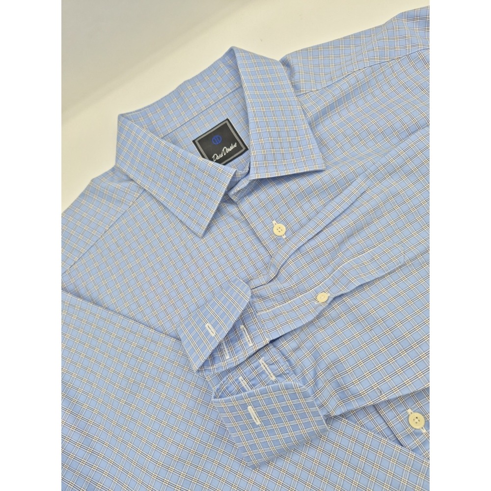 David Donahue Mens 17.5x35 French Cuff Dress Shirt Blue Check Cotton
